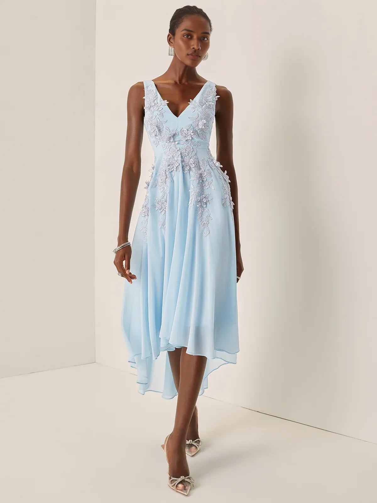 Elegant A-Line V Neck Sleeveless Zipper Up Asymmetric-Length Prom Dress